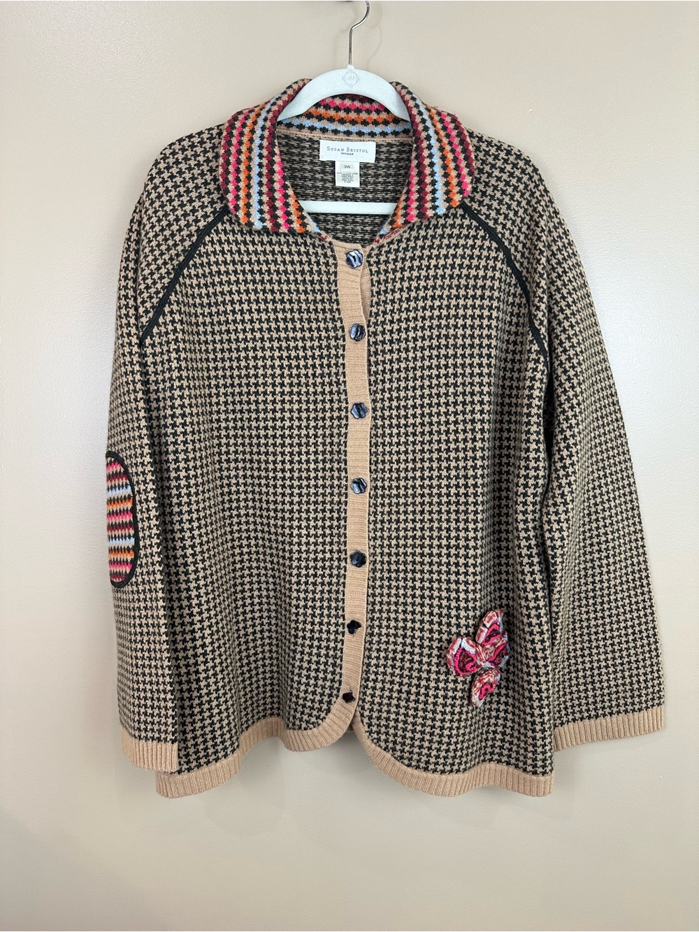 Vintage Y2K Susan Bristol Woman 3W 22W/24W Lambswool Houndstooth Floral Cardigan
